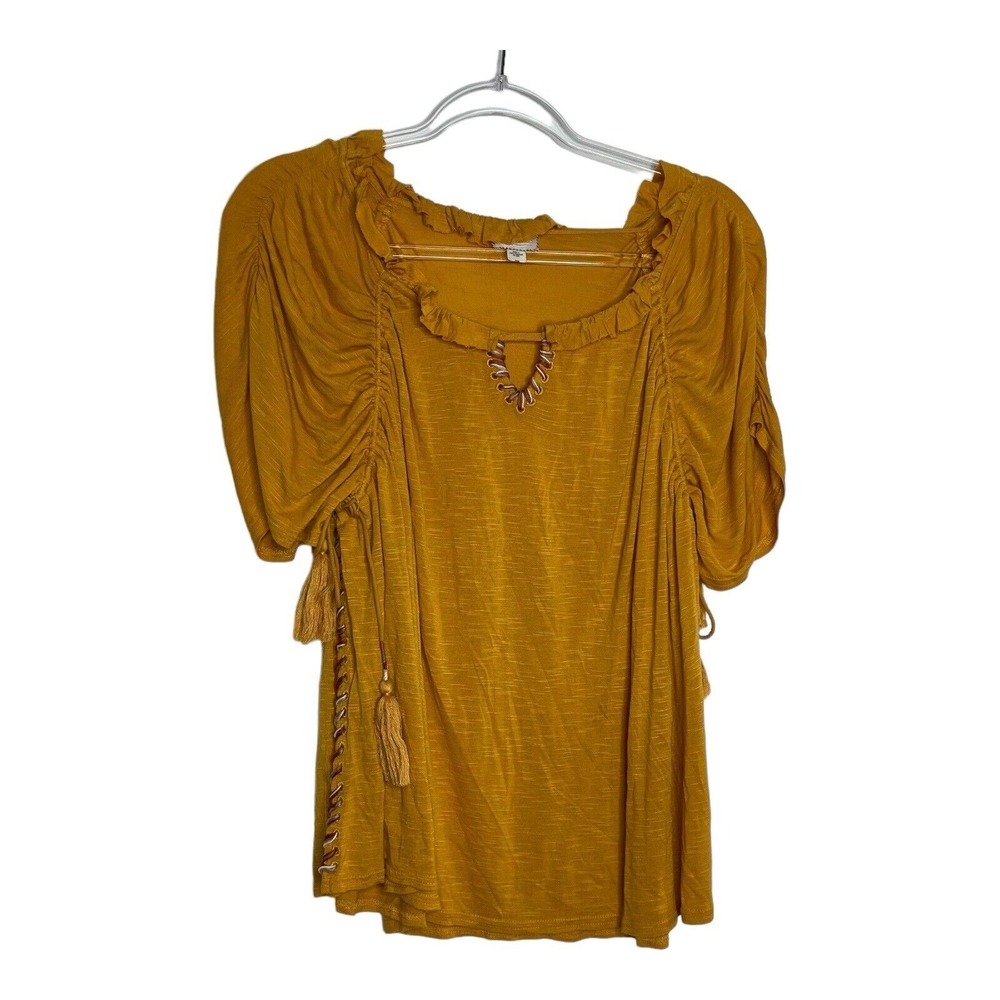 Anthropologie Postmark Top Womens XS Yellow Ruffle Tassel Oversize Boho Festival
